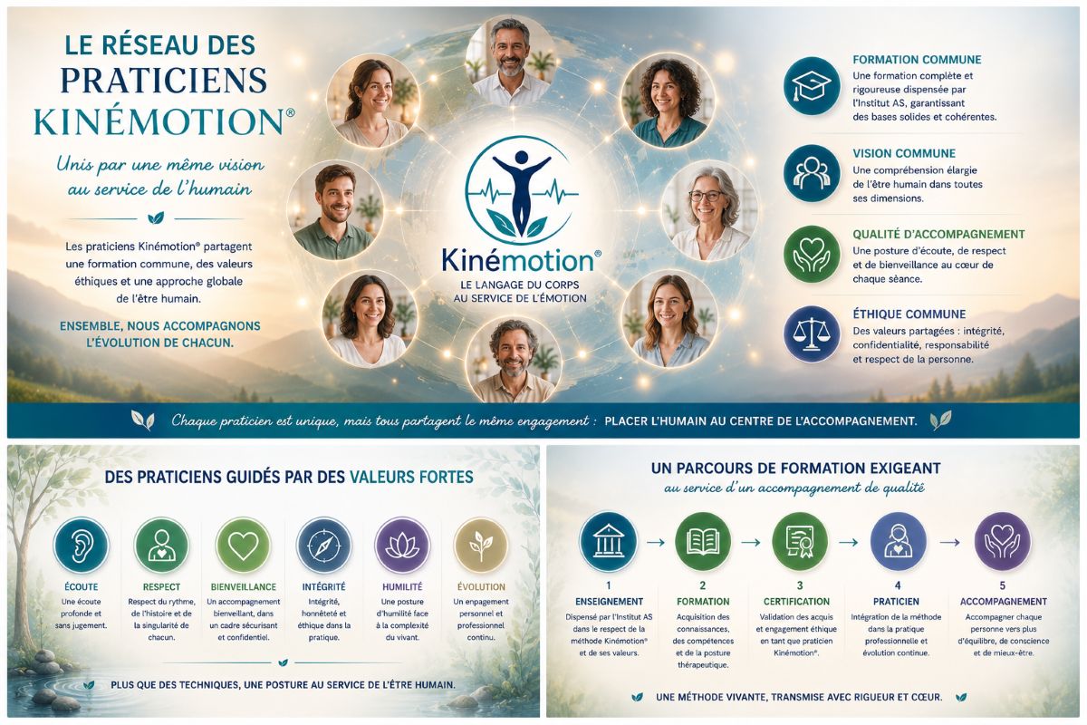Les praticiens Kinémotion® Les praticiens Kinémotion® partagent une formation commune, des valeurs éthiques et une vision globale de l'être humain