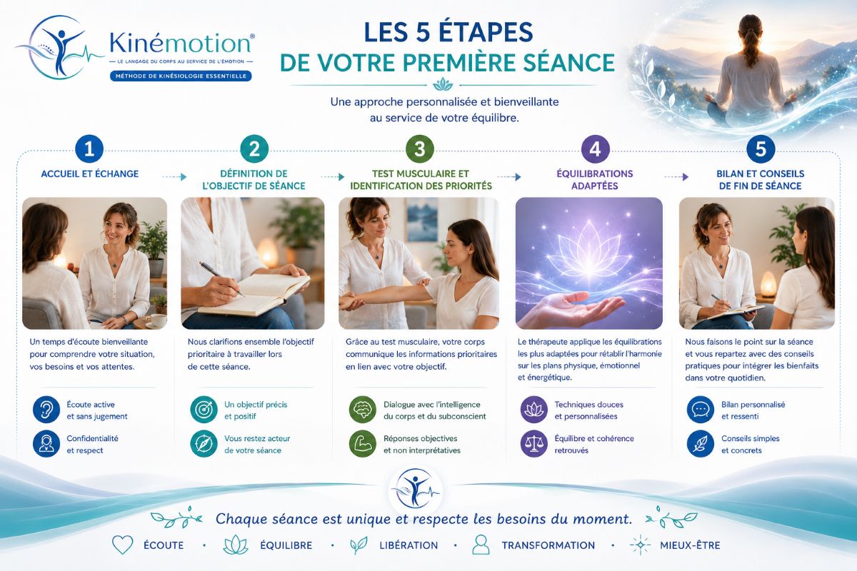Les 5 étapes de votre première séance Kinémotion® Infographie présentant les 5 étapes d'une première séance Kinémotion : accueil, définition de l'objectif, test musculaire, équilibrations et bilan de fin de séance.