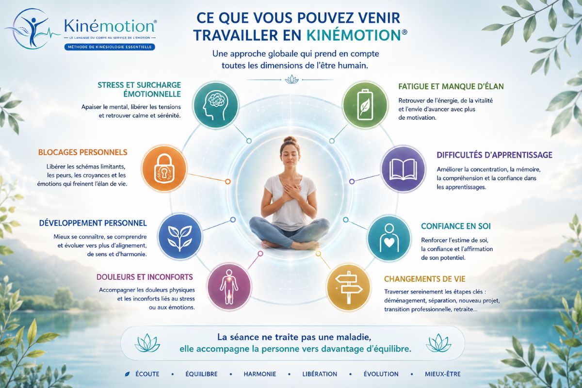 Ce que vous pouvez venir travailler en Kinémotion® Infographie présentant les principales problématiques pouvant être accompagnées en Kinémotion : stress, fatigue, confiance en soi, difficultés d'apprentissage, blocages personnels et changements de vie.