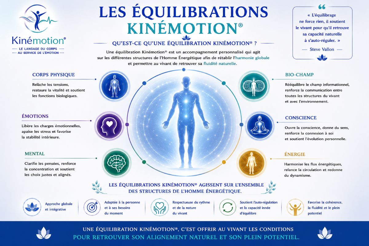Qu'est-ce qu'une équilibration Kinémotion® ? Qu'est-ce qu'une équilibration Kinémotion® : rétablir la cohérence entre le corps physique, les émotions, le mental, l'énergie, le bio-champ et la conscience