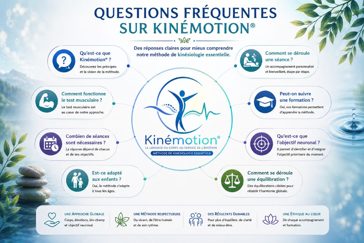 Questions fréquentes sur Kinémotion® Infographie FAQ Kinémotion présentant les questions les plus fréquentes concernant la méthode, le test musculaire, les séances, les équilibrations, l'objectif neuronal, les enfants et la formation.