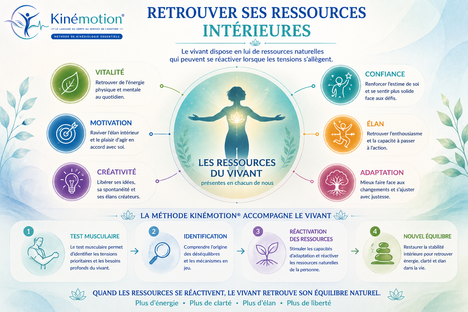 Retrouver ses ressources intérieures avec Kinémotion® Infographie Kinémotion expliquant comment retrouver ses ressources intérieures telles que la vitalité, la motivation, la créativité, la confiance, l'élan et l'adaptation.