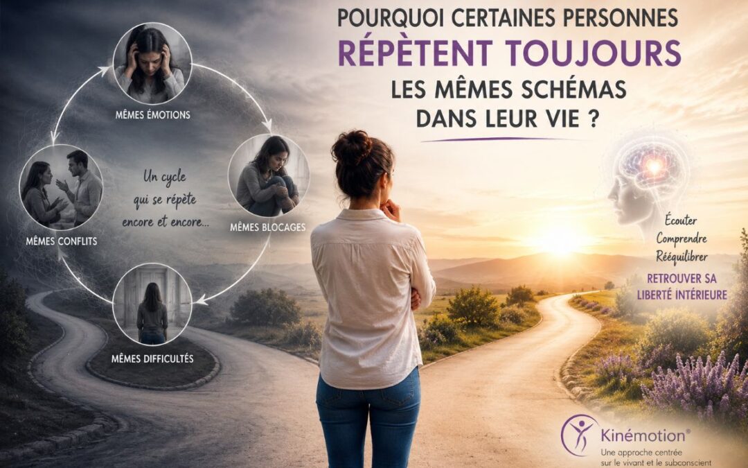 Illustration représentant une personne face à un choix de vie, montrant comment les schémas répétitifs, les émotions et les blocages peuvent être influencés par le subconscient selon la méthode Kinémotion®.