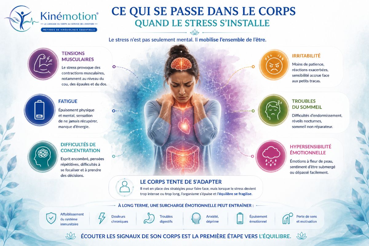 Ce qui se passe dans le corps quand le stress s'installe Infographie montrant les effets du stress chronique sur le corps : tensions musculaires, fatigue, troubles du sommeil, irritabilité, difficultés de concentration et hypersensibilité émotionnelle.