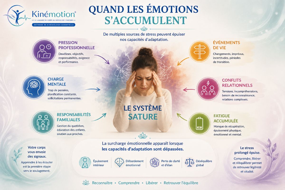 Quand les émotions s'accumulent : comprendre la surcharge émotionnelle Infographie expliquant les principales sources de stress et de surcharge émotionnelle pouvant conduire à un dépassement des capacités d'adaptation de la personne.