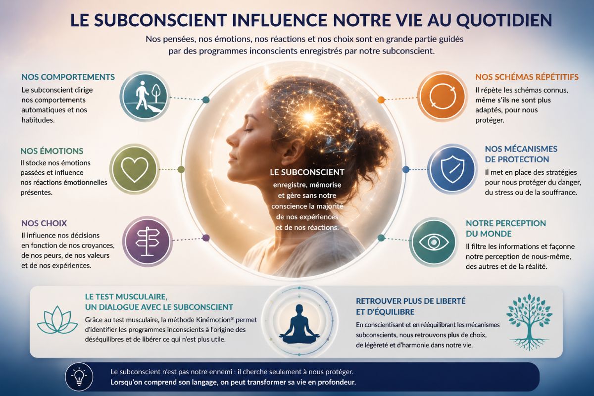 Le subconscient influence notre vie au quotidien Le subconscient influence nos comportements, nos émotions, nos choix et nos mécanismes de protection selon la méthode Kinémotion®