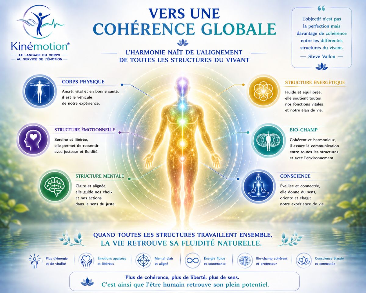 Vers une cohérence globale – Homme Énergétique et Kinémotion® Vers une cohérence globale selon la méthode Kinémotion® avec l'alignement du corps physique, des émotions, du mental, de l'énergie, du bio-champ et de la conscience
