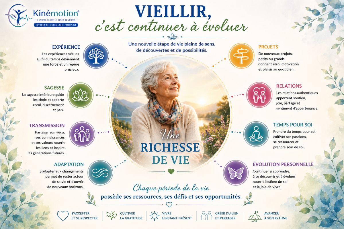 Vieillir, c'est continuer à évoluer avec Kinémotion® Infographie Kinémotion illustrant les ressources et les richesses de la vie des seniors à travers l'expérience, la sagesse, la transmission, l'adaptation, les projets, les relations et l'évolution personnelle.