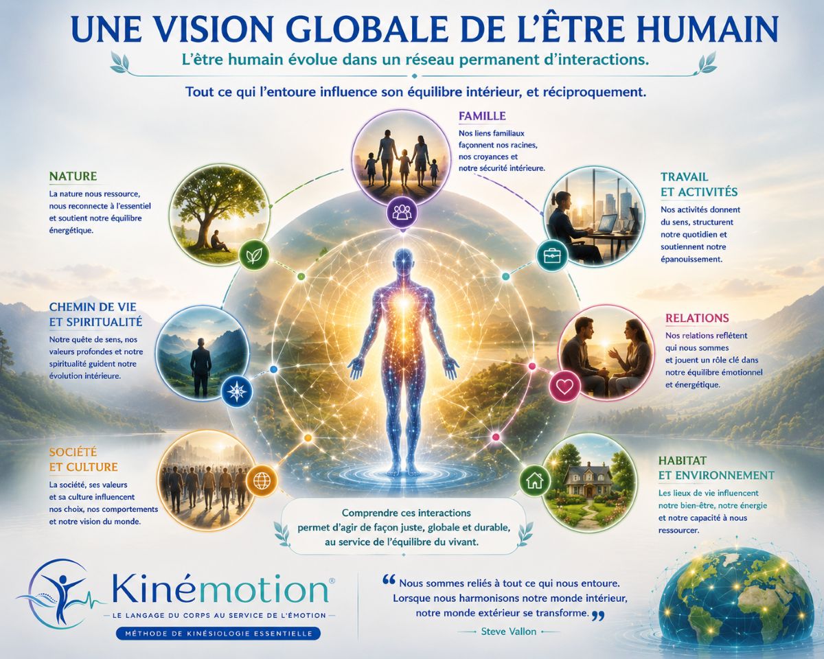 Une vision globale de l'être humain – Kinémotion® Vision globale de l'être humain selon la méthode Kinémotion® montrant les interactions entre la famille, le travail, les relations, l'habitat, la nature, la société et le chemin de vie
