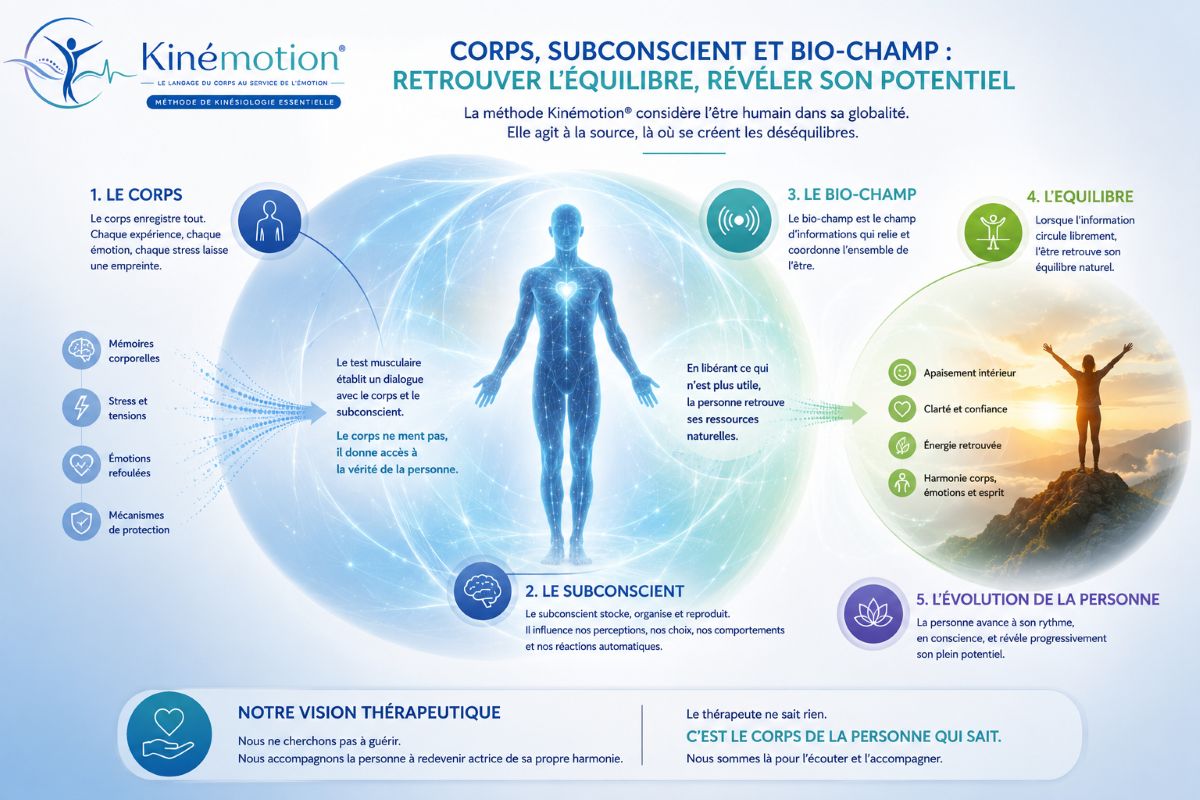 Corps, subconscient et bio-champ : retrouver l'équilibre Vision thérapeutique Kinémotion® : dialogue entre le corps, le subconscient et le bio-champ pour retrouver l'équilibre naturel