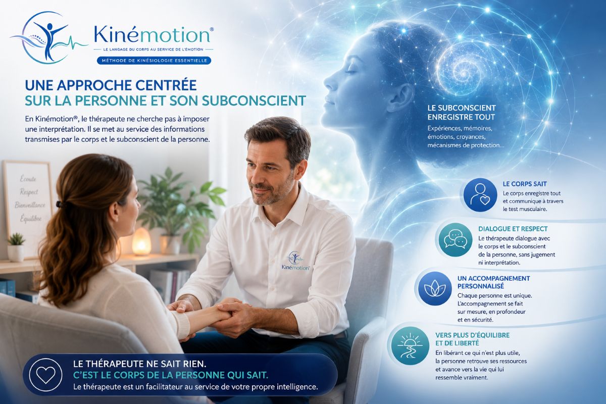 Notre vision thérapeutique Kinémotion® Vision thérapeutique Kinémotion® centrée sur le subconscient, le corps et l'accompagnement personnalisé de la personne